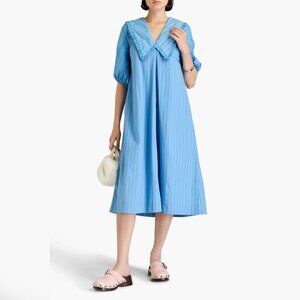 Ganni Re-Cut Striped Cotton V-Neck Midi Dress Blue Puff Sleeve